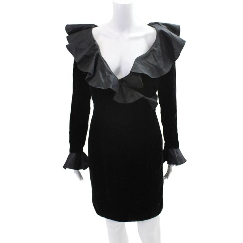 Roland Nivelais Vintage Womens Velvet Ruffled V Neck Dress Black Size 6